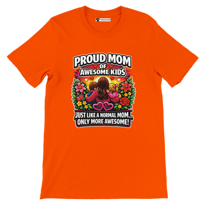 Bright orange t-shirt with 'Proud Mom of Awesome Kids' quote and floral, cartoon mom graphic.