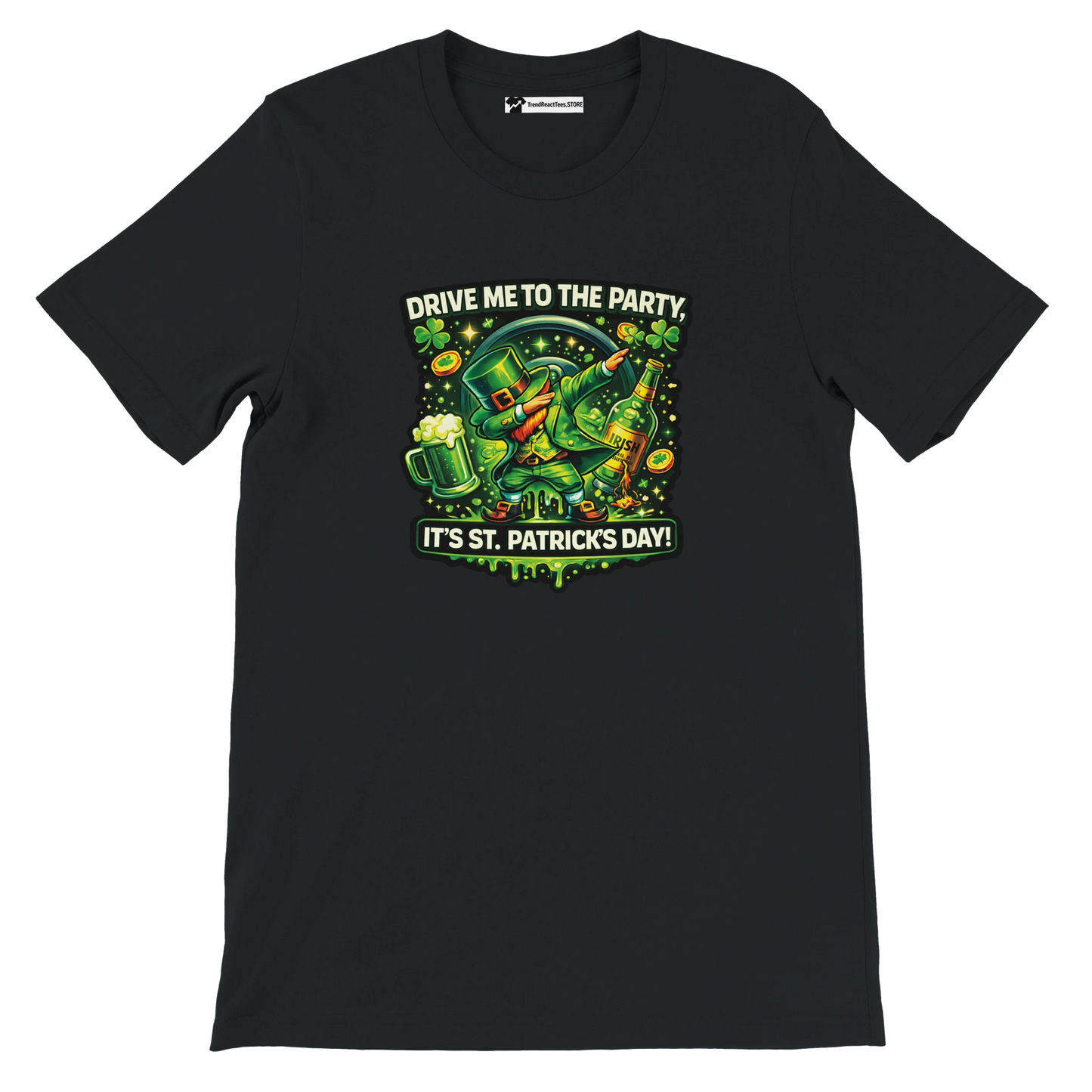 St. Patrick's Day t-shirt with leprechaun dabbing, beer, and shamrocks on black background