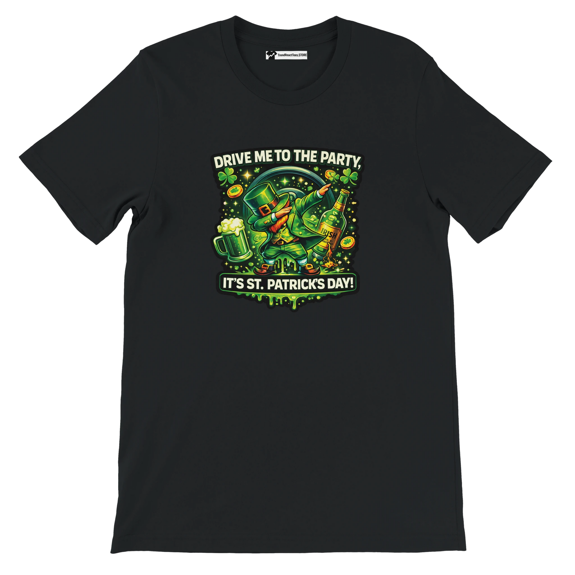 St. Patrick's Day t-shirt with leprechaun dabbing, beer, and shamrocks on black background