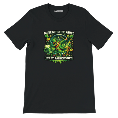 St. Patrick's Day t-shirt with leprechaun dabbing, beer, and shamrocks on black background