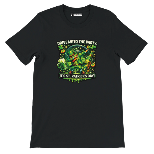 St. Patrick's Day t-shirt with leprechaun dabbing, beer, and shamrocks on black background