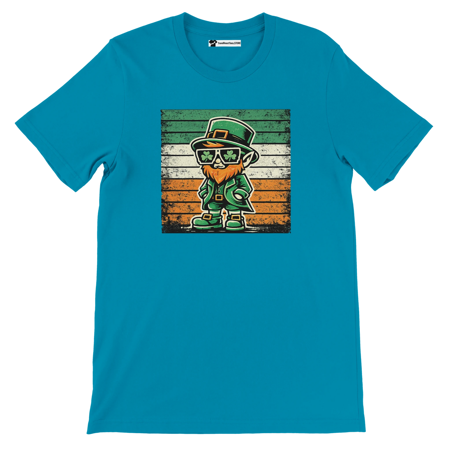 Teal t-shirt with cartoon leprechaun and Irish flag for St. Patrick's Day