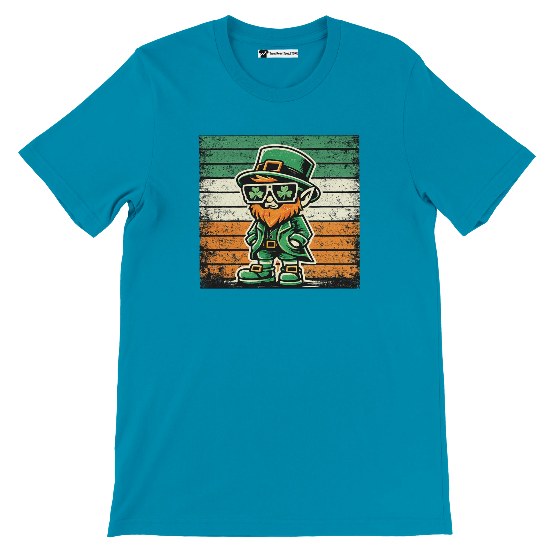 Teal t-shirt with cartoon leprechaun and Irish flag for St. Patrick's Day