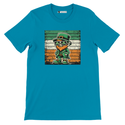 Teal t-shirt with cartoon leprechaun and Irish flag for St. Patrick's Day