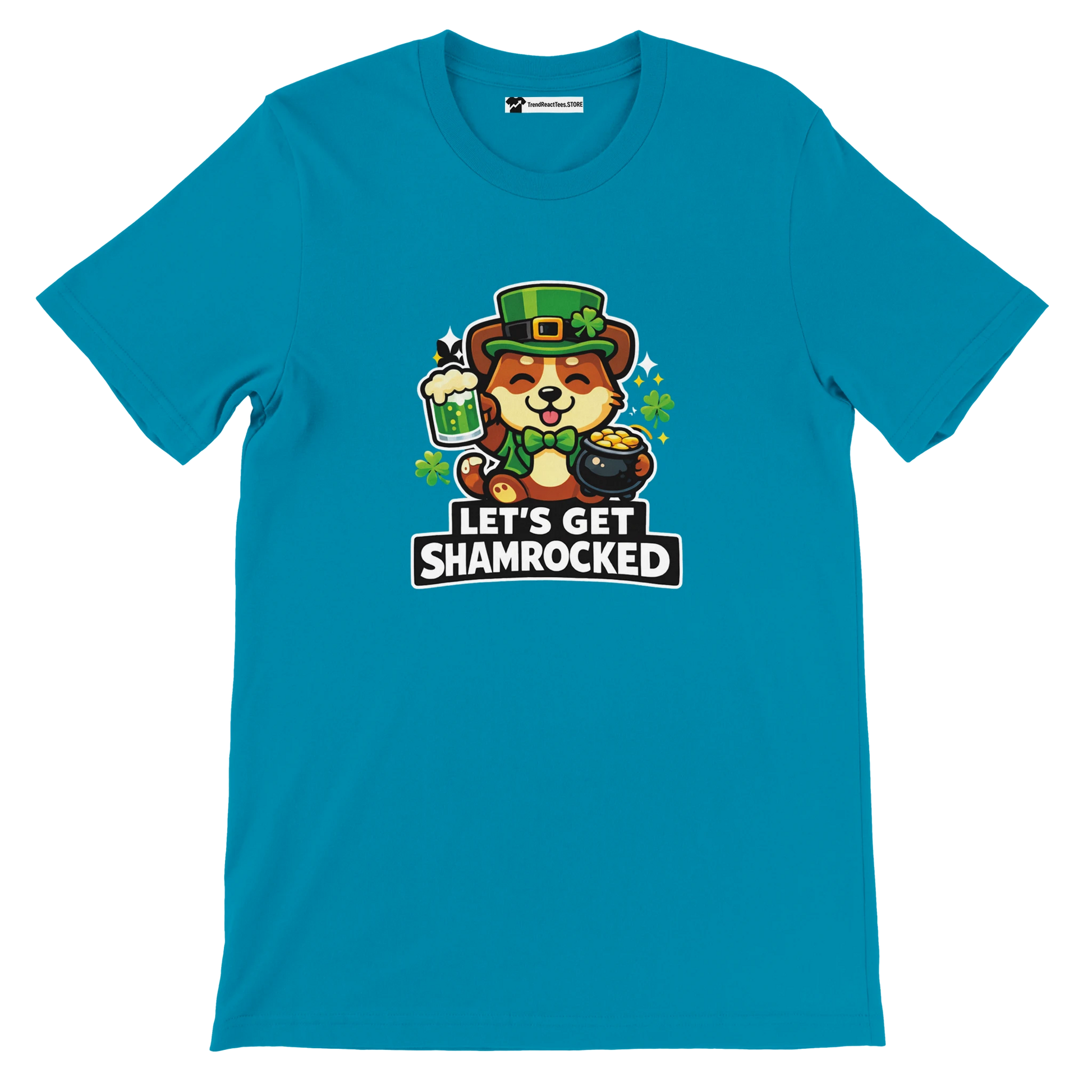 Teal t-shirt featuring cute anime dog in leprechaun hat with shamrocks and 'Let's Get Shamrocked' quote