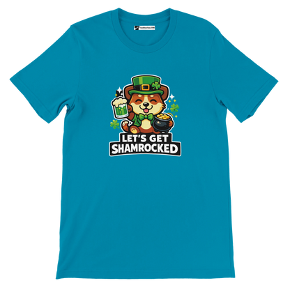 Teal t-shirt featuring cute anime dog in leprechaun hat with shamrocks and 'Let's Get Shamrocked' quote