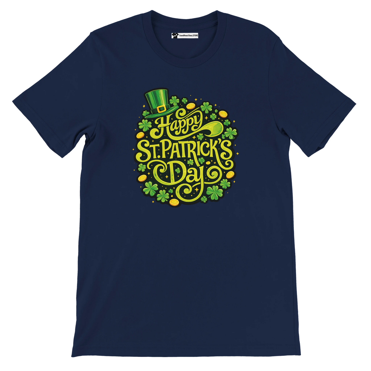 Navy blue tee with Happy St. Patrick's Day, shamrocks, leprechaun hat, and gold coins.