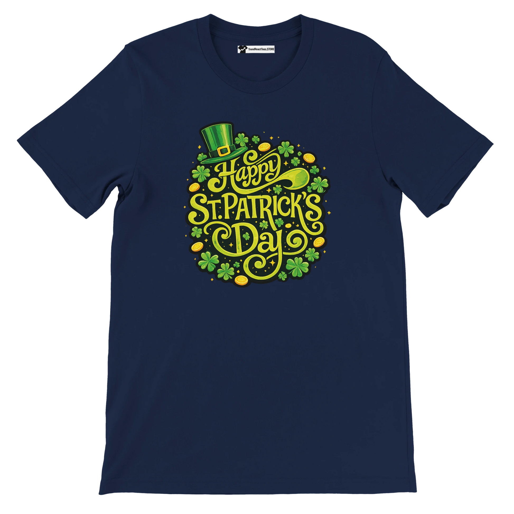 Navy blue tee with Happy St. Patrick's Day, shamrocks, leprechaun hat, and gold coins.