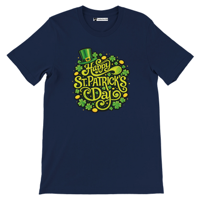 Navy blue tee with Happy St. Patrick's Day, shamrocks, leprechaun hat, and gold coins.