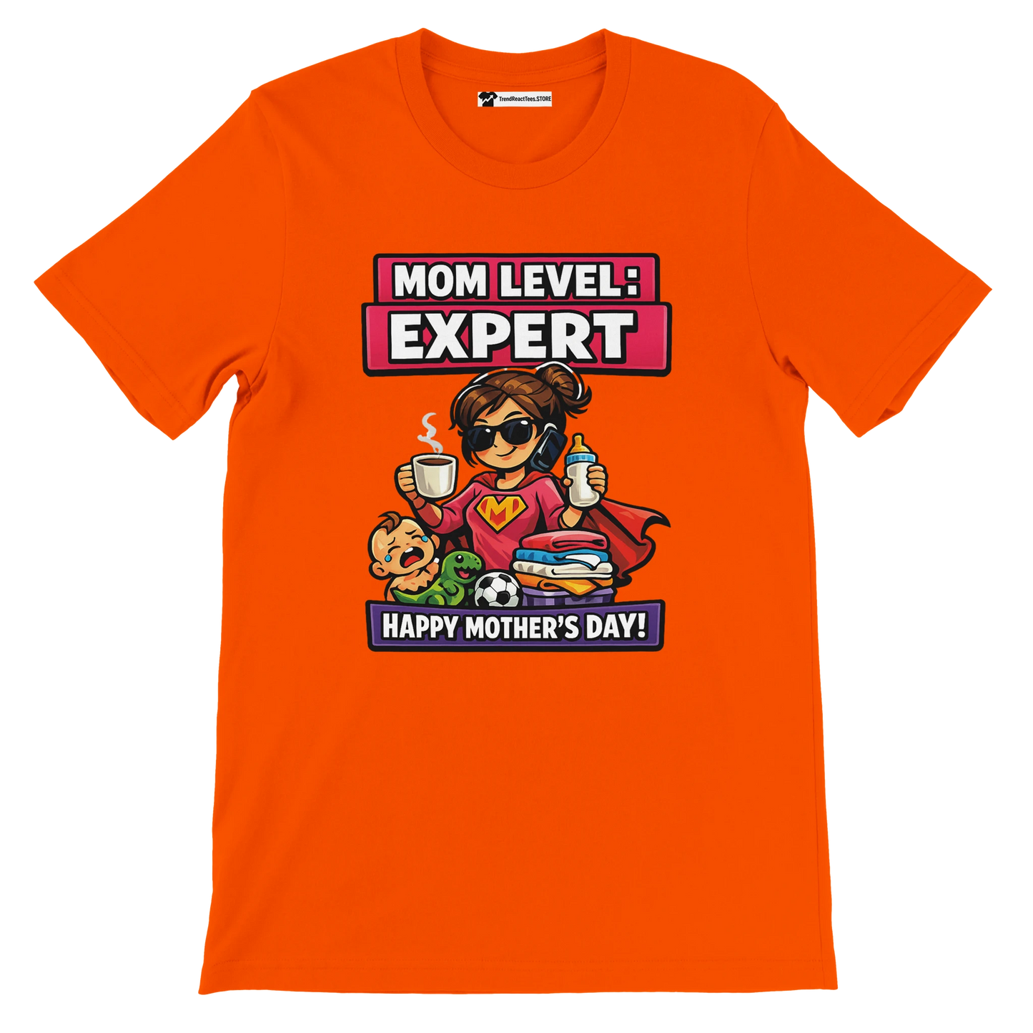 Orange Mother's Day t-shirt with cartoon super mom, baby, toys, and 'Mom Level: Expert' text.