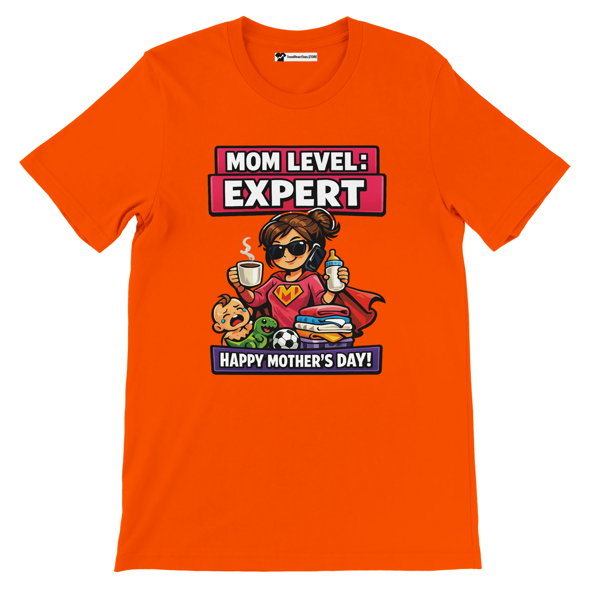 Orange Mother's Day t-shirt with cartoon super mom, baby, toys, and 'Mom Level: Expert' text.