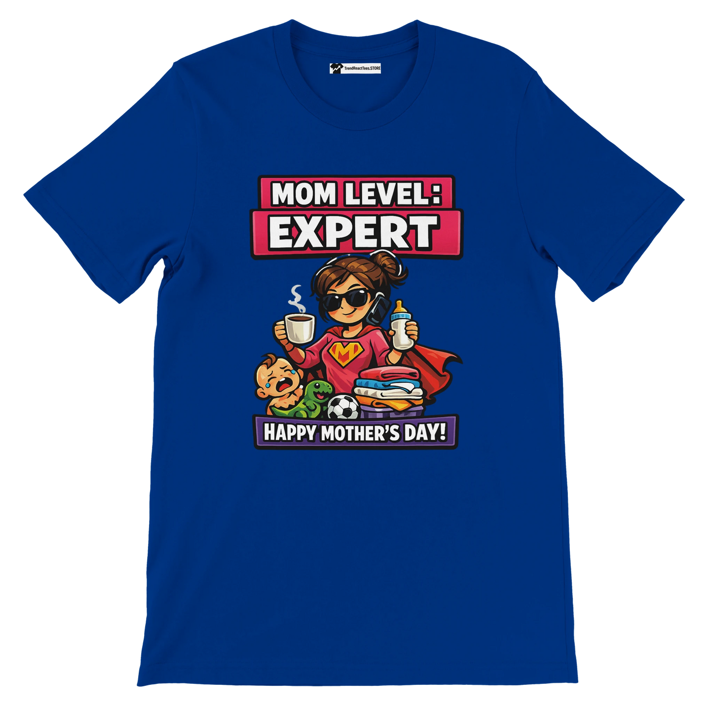 Blue t-shirt with cartoon superhero mom, baby, and text 'Mom Level: Expert, Happy Mother's Day'.