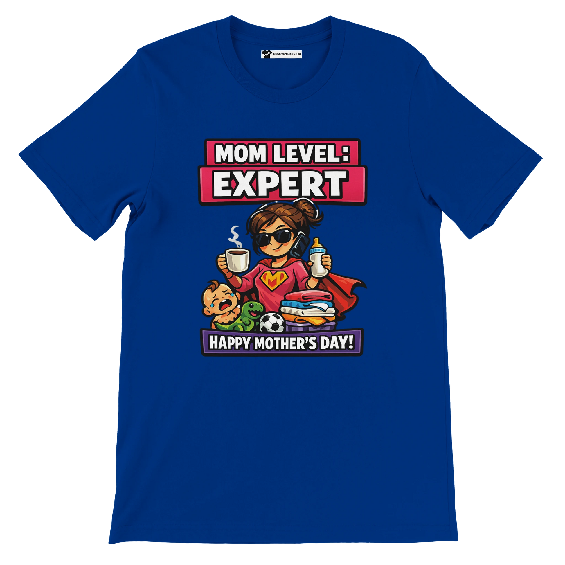 Blue t-shirt with cartoon superhero mom, baby, and text 'Mom Level: Expert, Happy Mother's Day'.