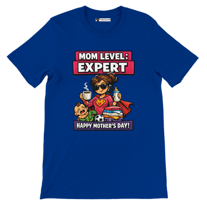 Blue t-shirt with cartoon superhero mom, baby, and text 'Mom Level: Expert, Happy Mother's Day'.