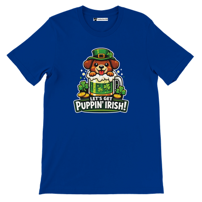 Blue t-shirt with cute dog in leprechaun hat, shamrocks, beer mug, and 'Let's Get Puppin' Irish!' quote.