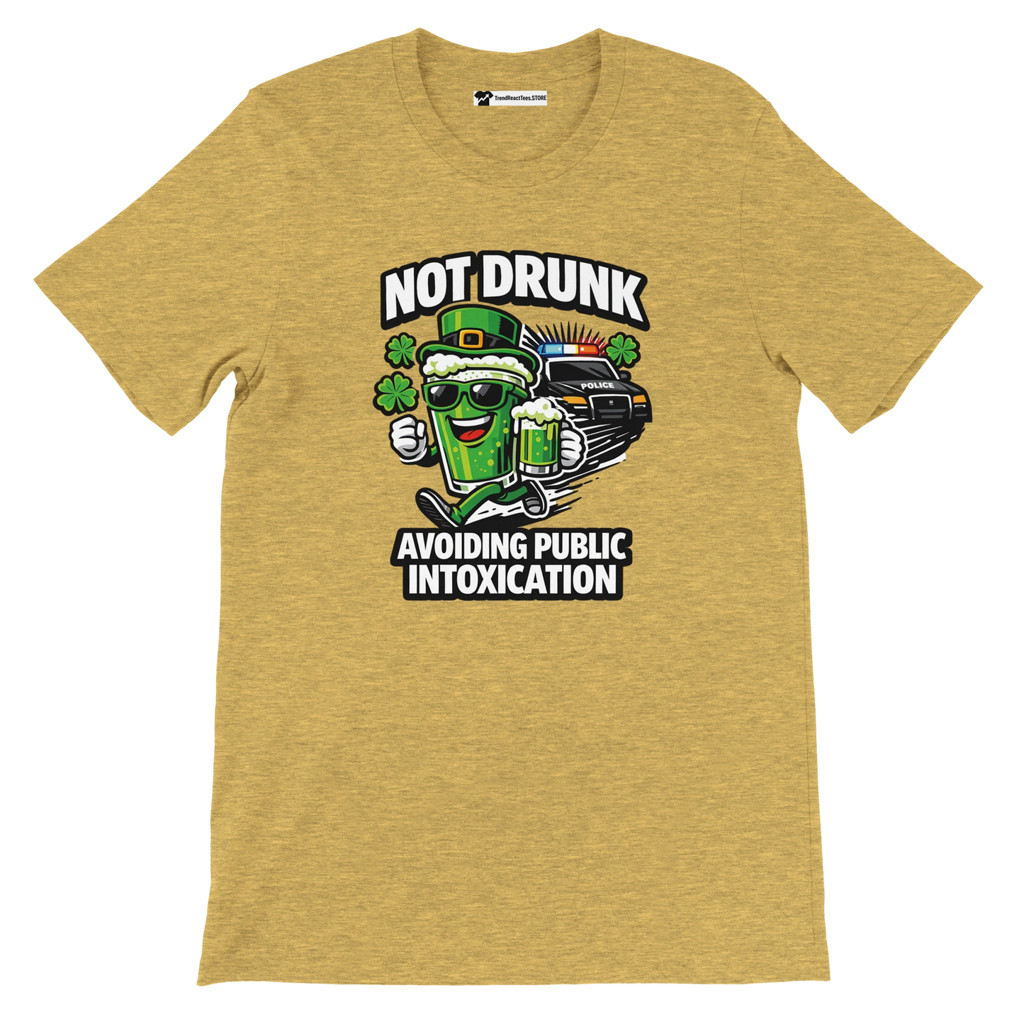 Yellow tee with cartoon beer mug, police car, shamrocks and 'Not Drunk Avoiding Public Intoxication' text.