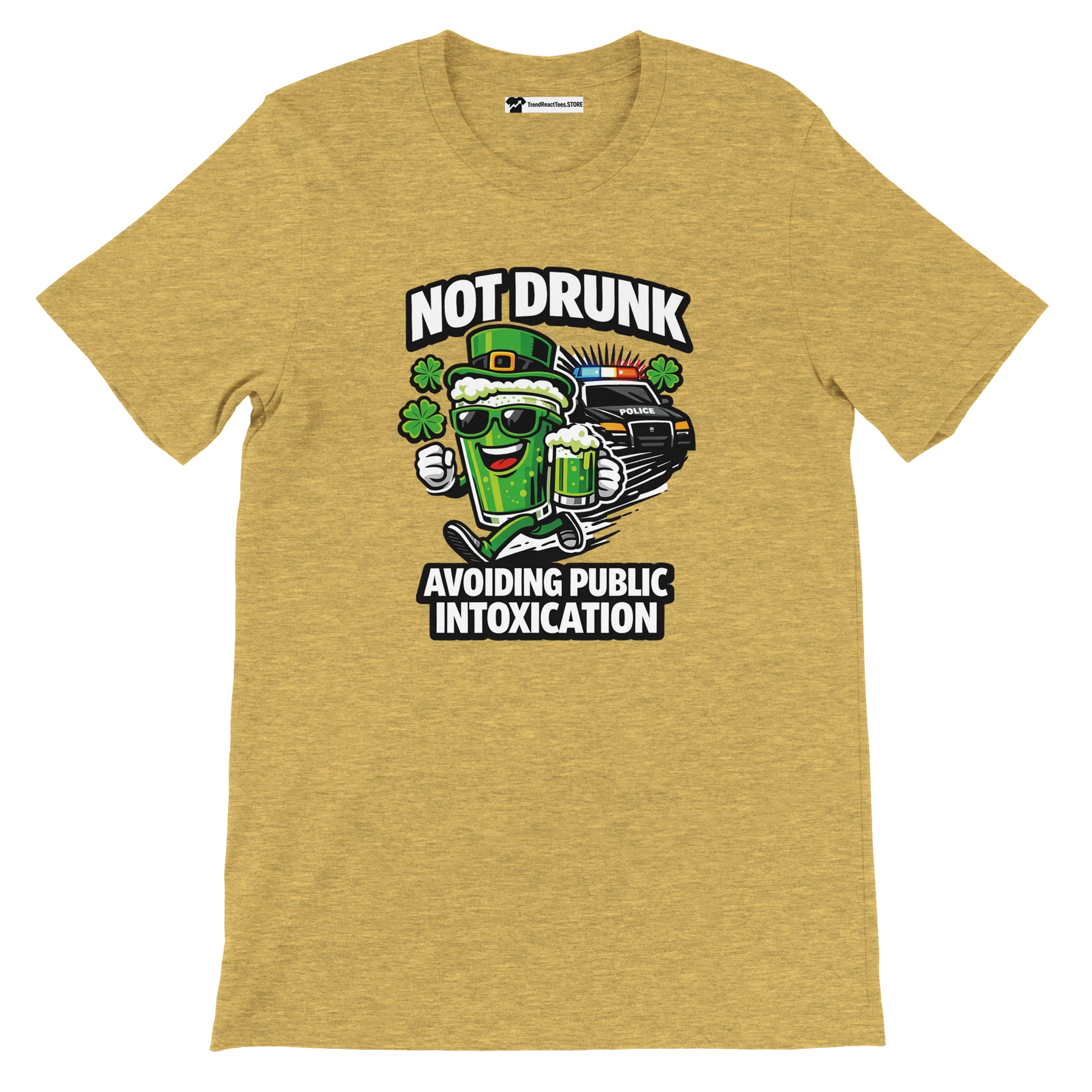 Yellow tee with cartoon beer mug, police car, shamrocks and 'Not Drunk Avoiding Public Intoxication' text.