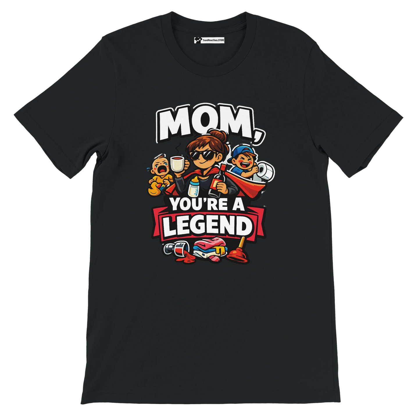 Black tee with cartoon mom and kids, bold text 'Mom, You're a Legend,' fun graphics