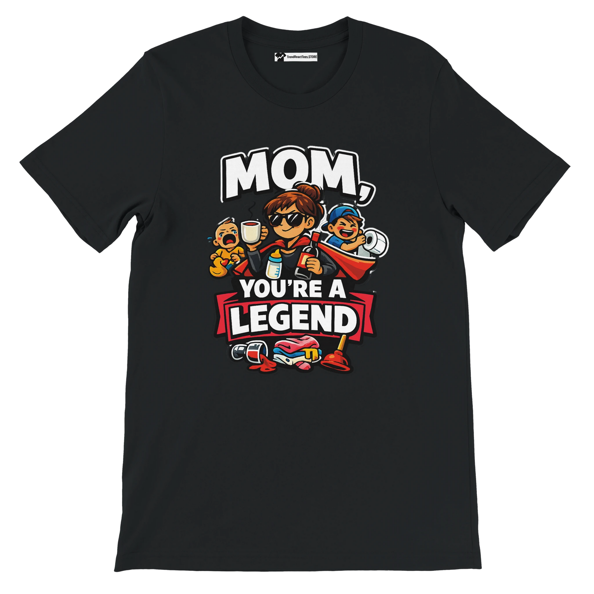 Black tee with cartoon mom and kids, bold text 'Mom, You're a Legend,' fun graphics