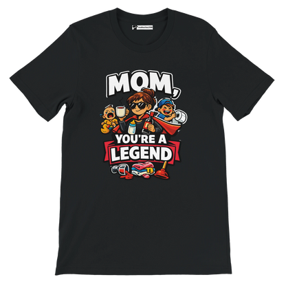 Black tee with cartoon mom and kids, bold text 'Mom, You're a Legend,' fun graphics