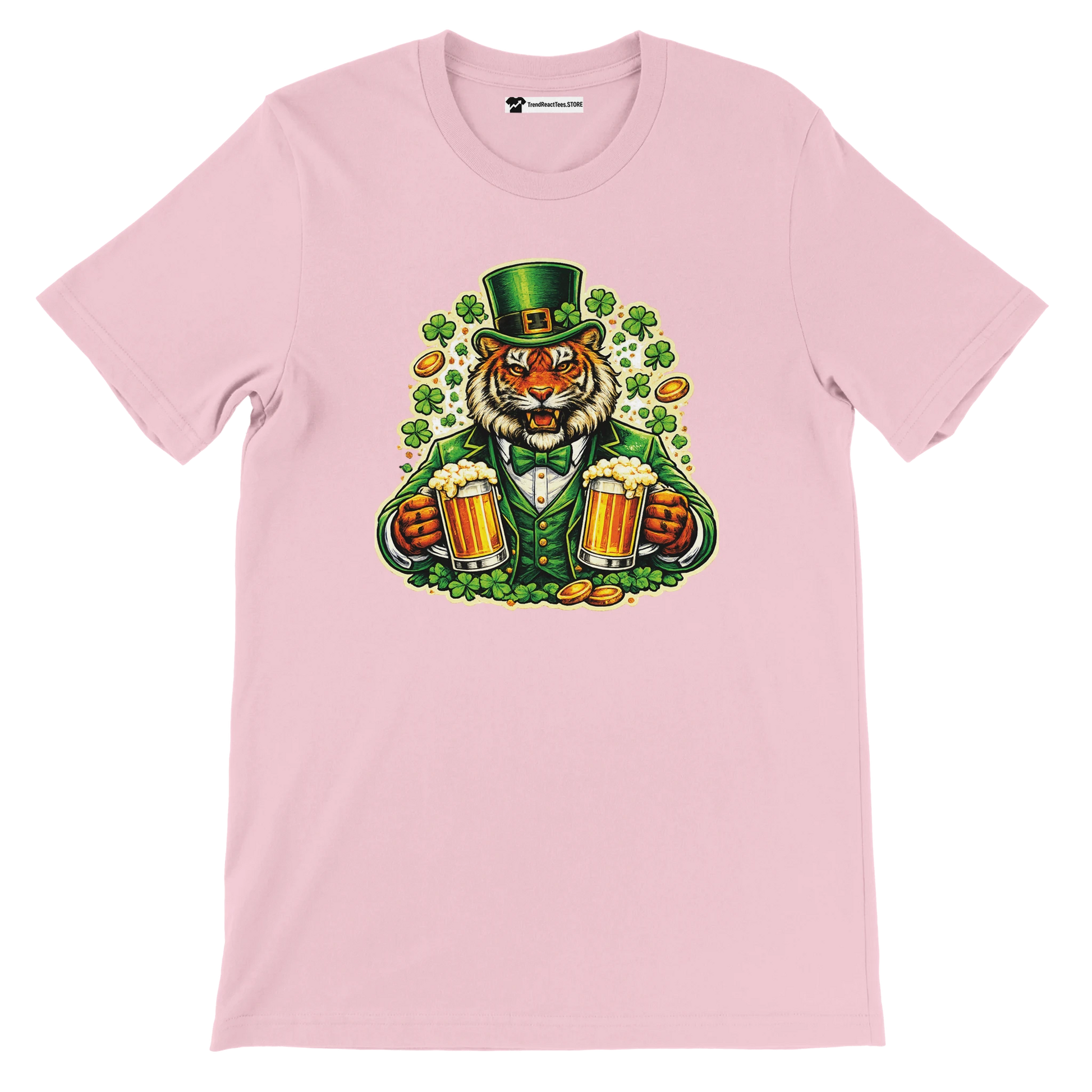 Pink t-shirt with a cartoon tiger in a green St. Patrick's Day outfit holding beer mugs, surrounded by shamrocks and gold coins.
