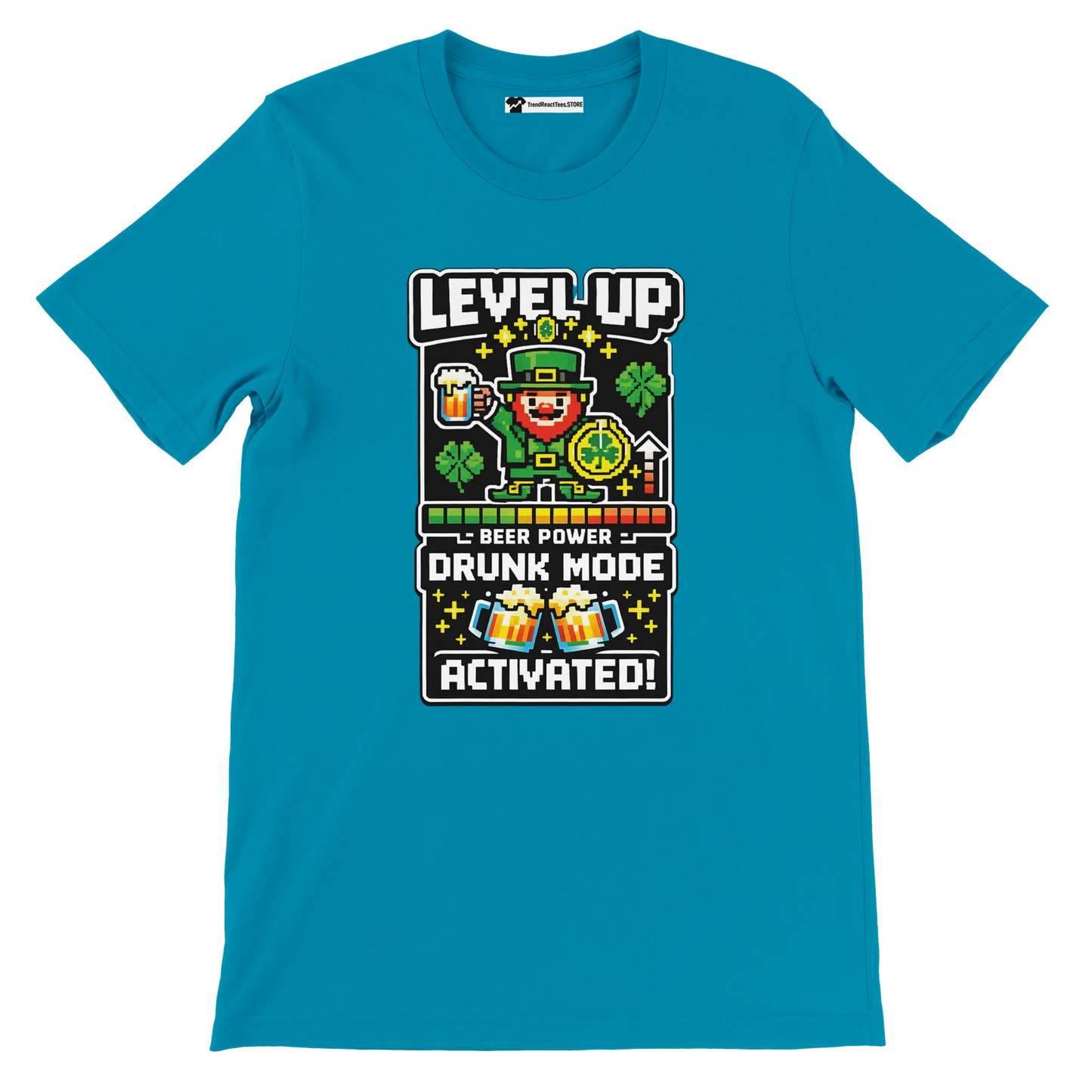 Teal t-shirt with pixel art leprechaun, beer, shamrocks, 'Level Up Drunk Mode Activated' text for St. Patrick's Day fun