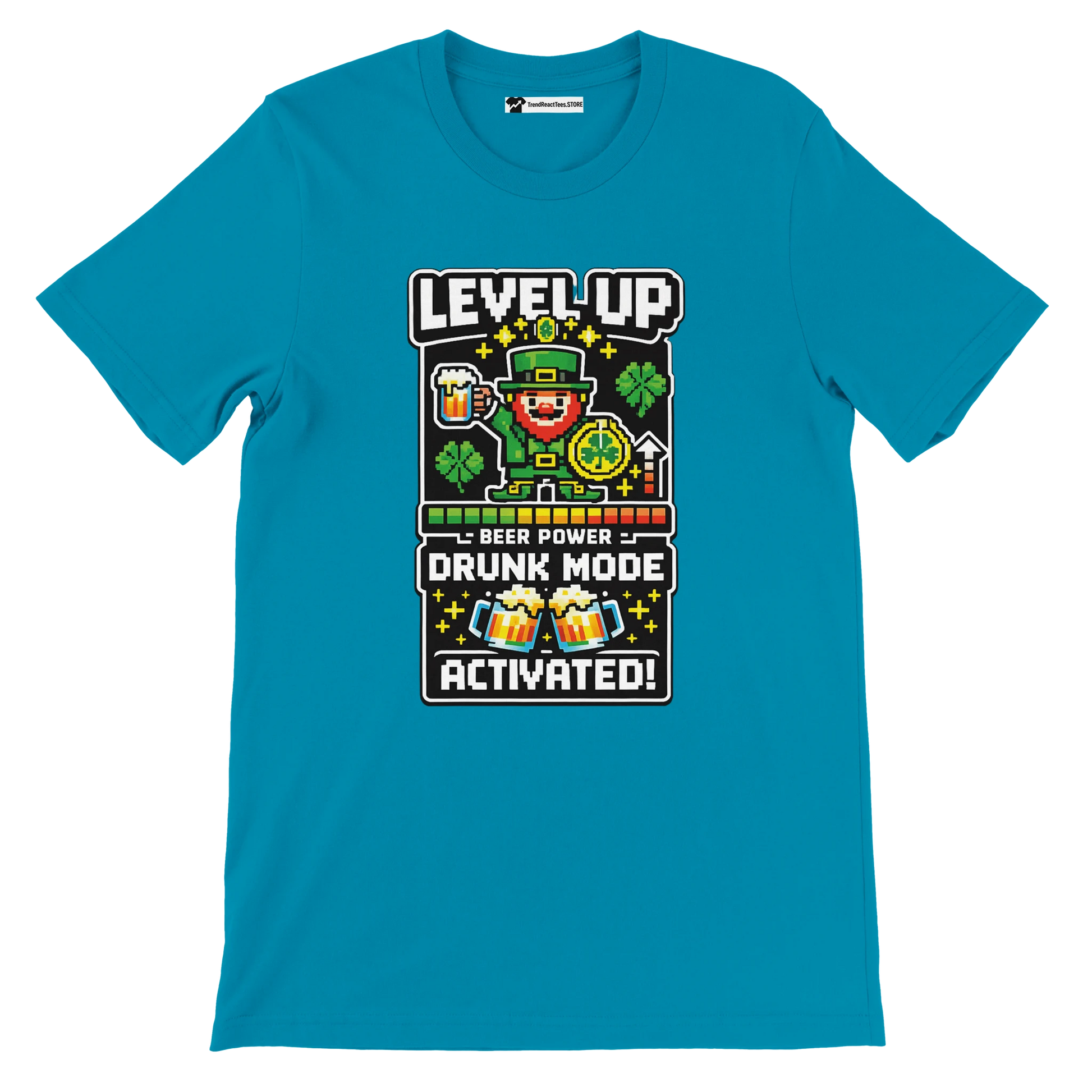 Teal t-shirt with pixel art leprechaun, beer, shamrocks, 'Level Up Drunk Mode Activated' text for St. Patrick's Day fun
