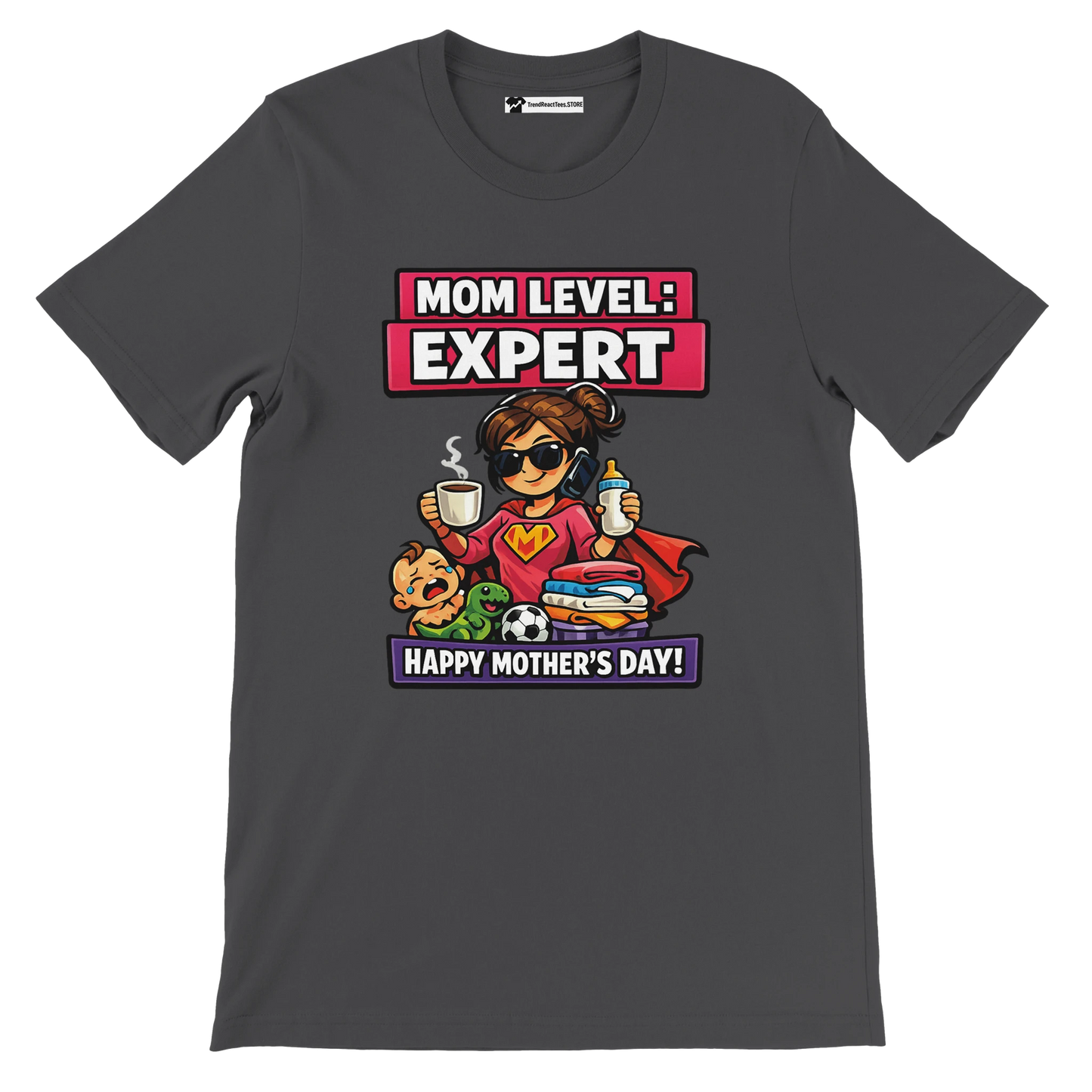 Dark gray anime-style Mother's Day t-shirt with 'Mom Level: Expert' graphic and cartoon supermom.