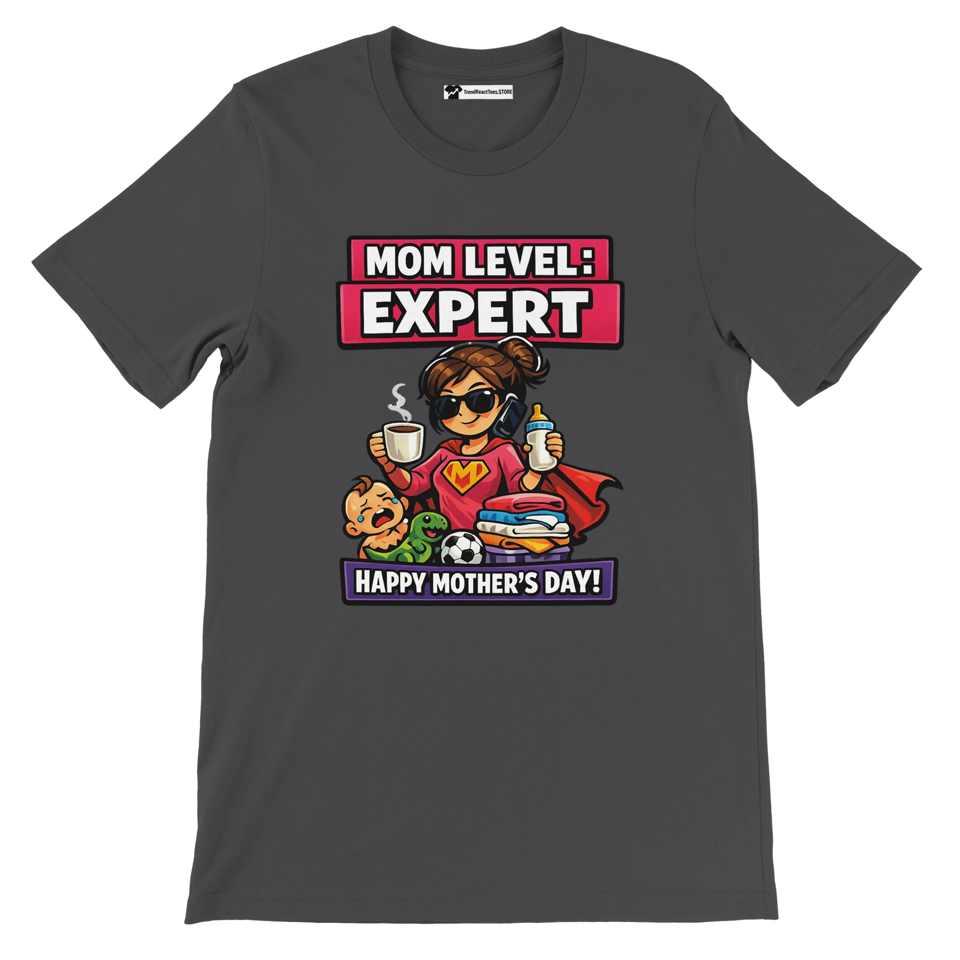 Dark gray anime-style Mother's Day t-shirt with 'Mom Level: Expert' graphic and cartoon supermom.