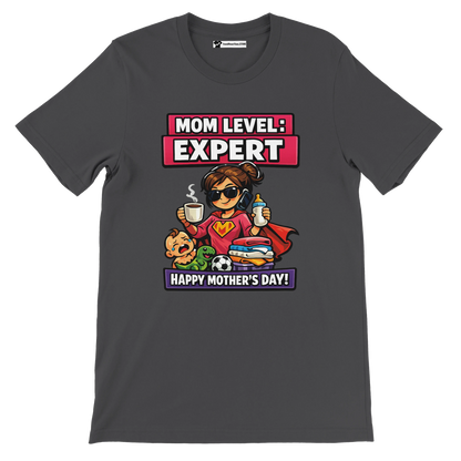 Dark gray anime-style Mother's Day t-shirt with 'Mom Level: Expert' graphic and cartoon supermom.