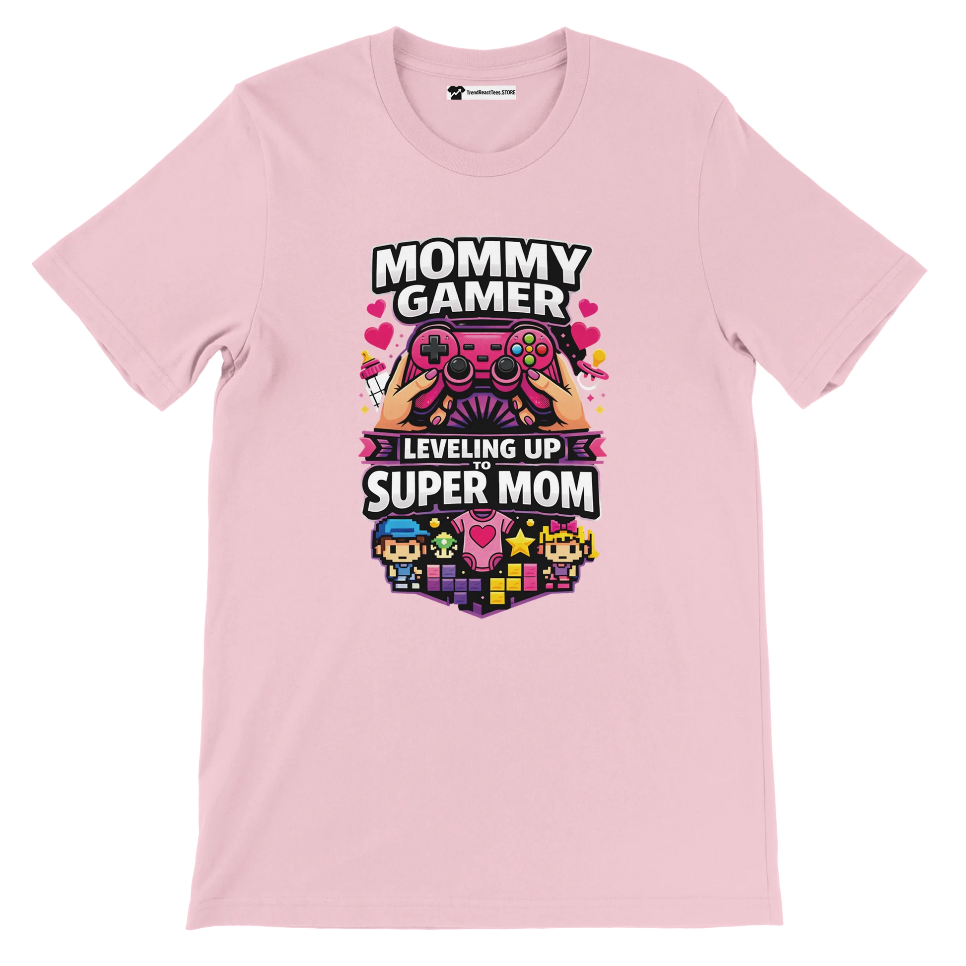 Pink anime gamer mom t-shirt with pixel art and text: Mommy Gamer Leveling Up to Super Mom