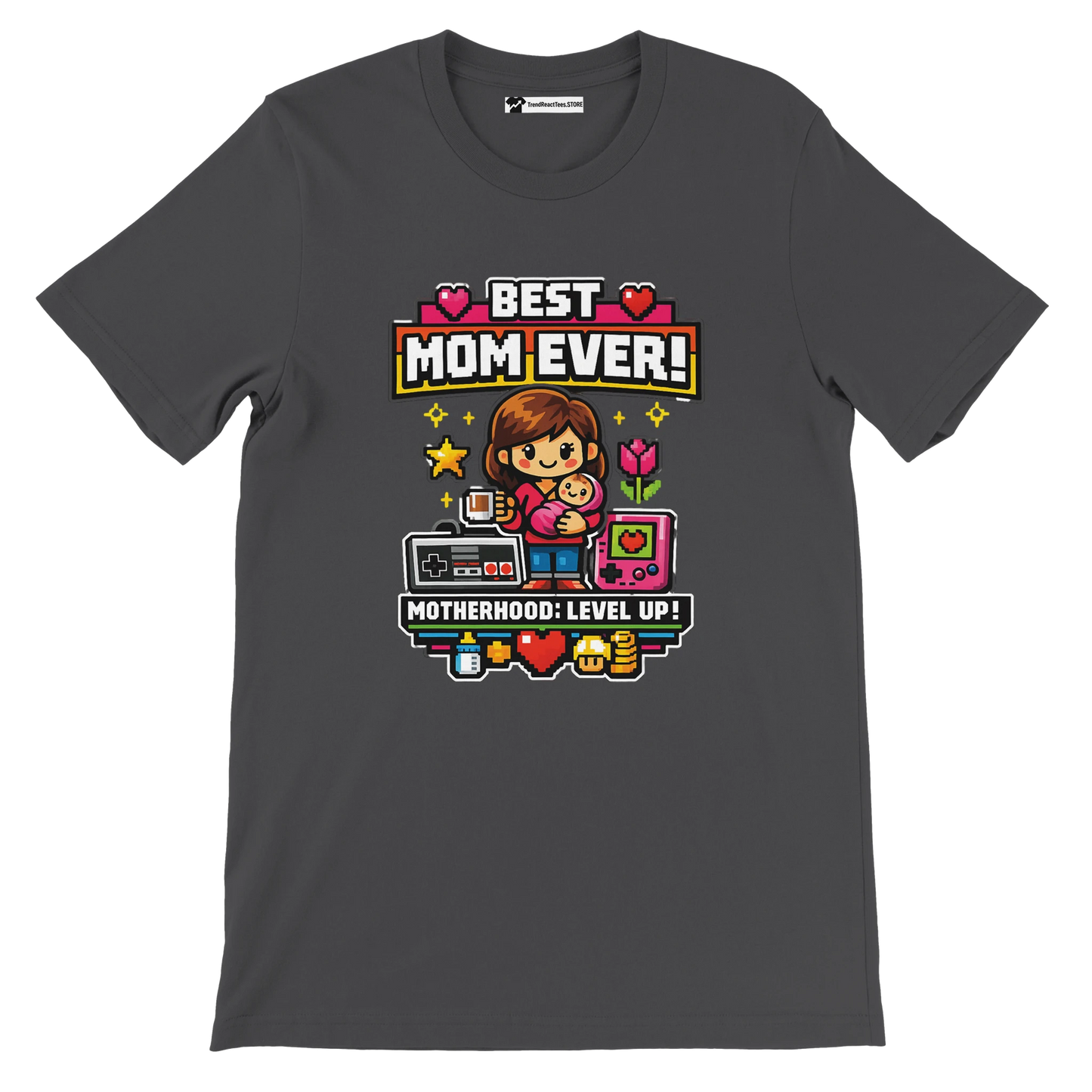 Dark gray t-shirt with pixel art of mom and baby, retro gaming icons, and Best Mom Ever text.