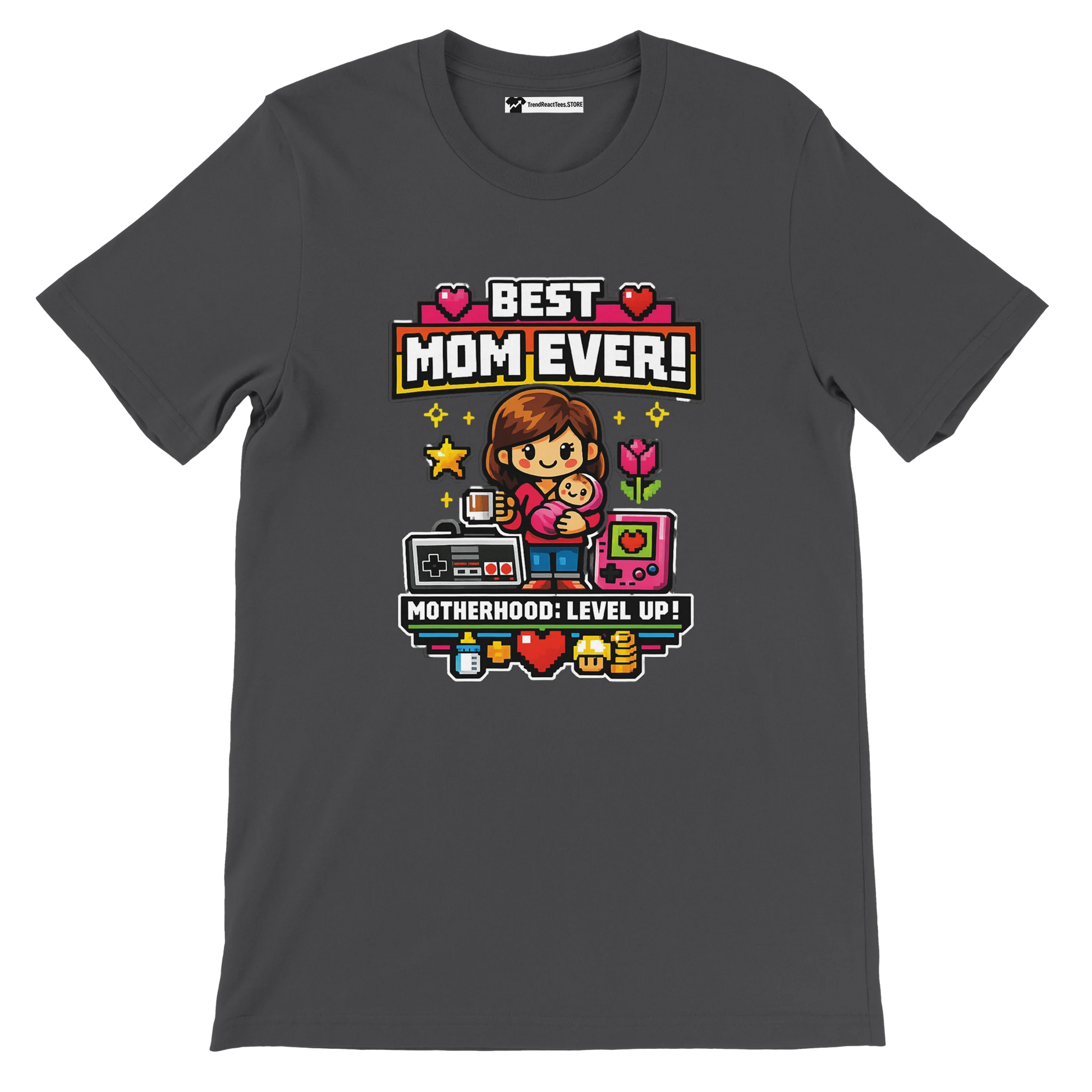 Dark gray t-shirt with pixel art of mom and baby, retro gaming icons, and Best Mom Ever text.