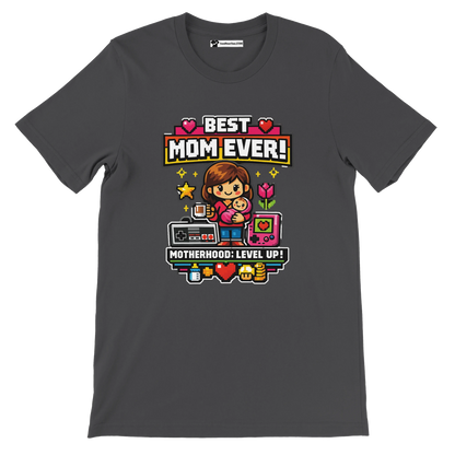 Dark gray t-shirt with pixel art of mom and baby, retro gaming icons, and Best Mom Ever text.