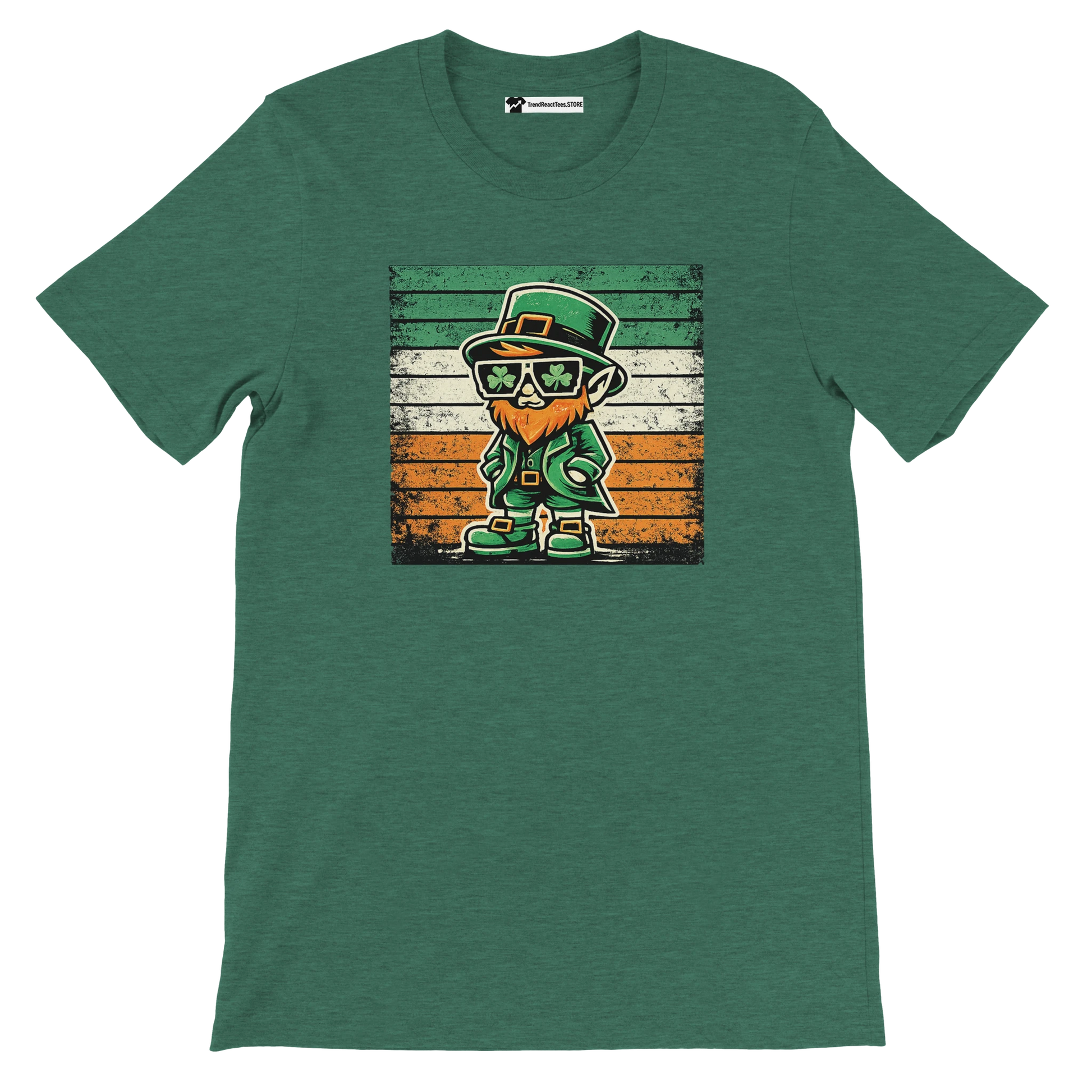 Green t-shirt with cartoon leprechaun and shamrock sunglasses, Irish flag background
