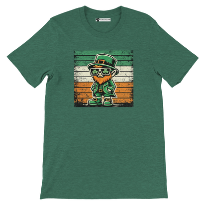 Green t-shirt with cartoon leprechaun and shamrock sunglasses, Irish flag background