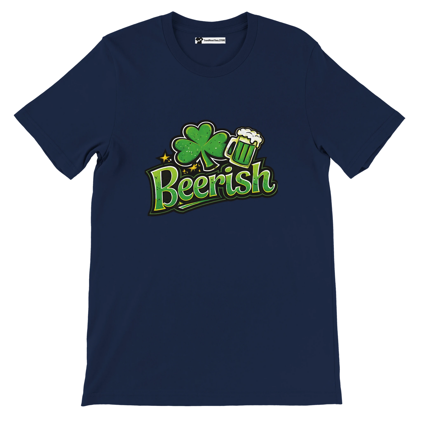 Navy t-shirt with green shamrock, beer mug, and 'Beerish' text for St. Patrick's Day