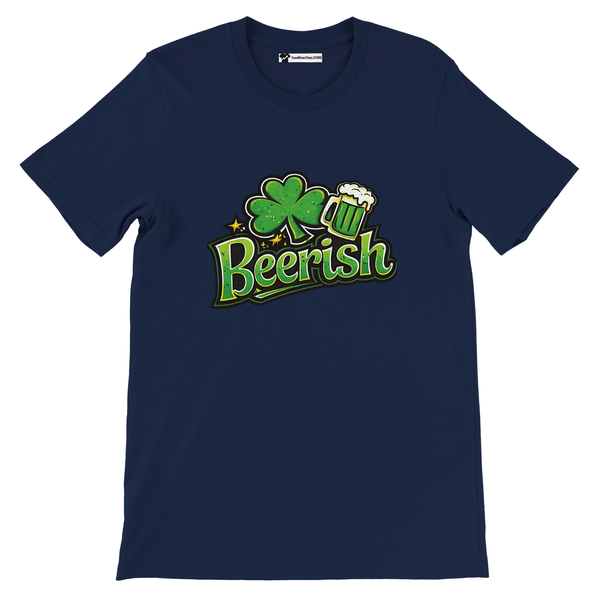 Navy t-shirt with green shamrock, beer mug, and 'Beerish' text for St. Patrick's Day