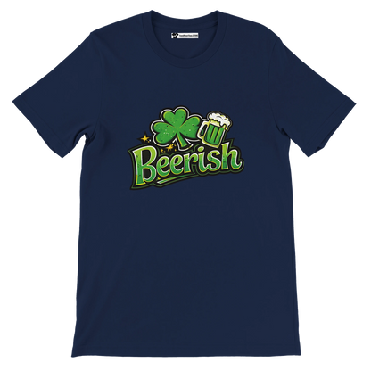 Navy t-shirt with green shamrock, beer mug, and 'Beerish' text for St. Patrick's Day