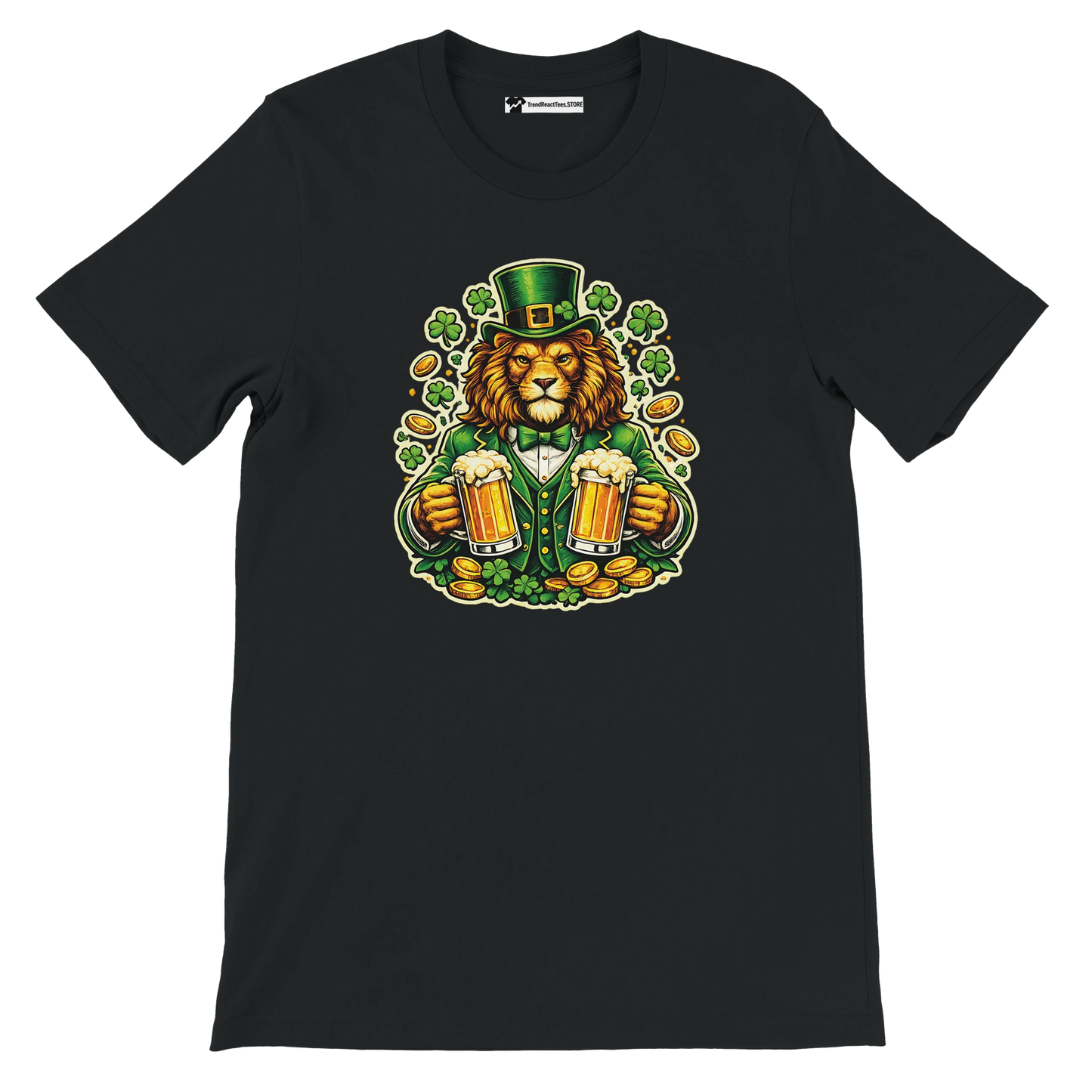 Lion in green leprechaun hat holding beer mugs with shamrocks and gold coins, St. Patrick's Day tee