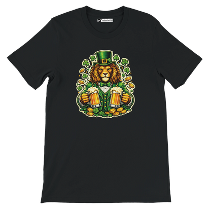 Lion in green leprechaun hat holding beer mugs with shamrocks and gold coins, St. Patrick's Day tee