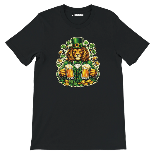 Lion in green leprechaun hat holding beer mugs with shamrocks and gold coins, St. Patrick's Day tee