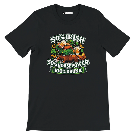 Black St. Patrick's Day tee with leprechaun on horse, beer, shamrocks, 50% Irish 50% Horsepower 100% Drunk graphic