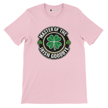 Pink t-shirt with 'Master of the Irish Goodbye' graphic, shamrock design, St. Patrick's Day tee