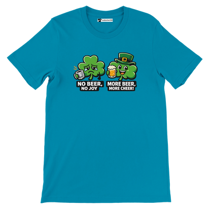 Teal t-shirt with two cartoon clovers, beer mugs, holiday quote, St. Patrick's Day shirt