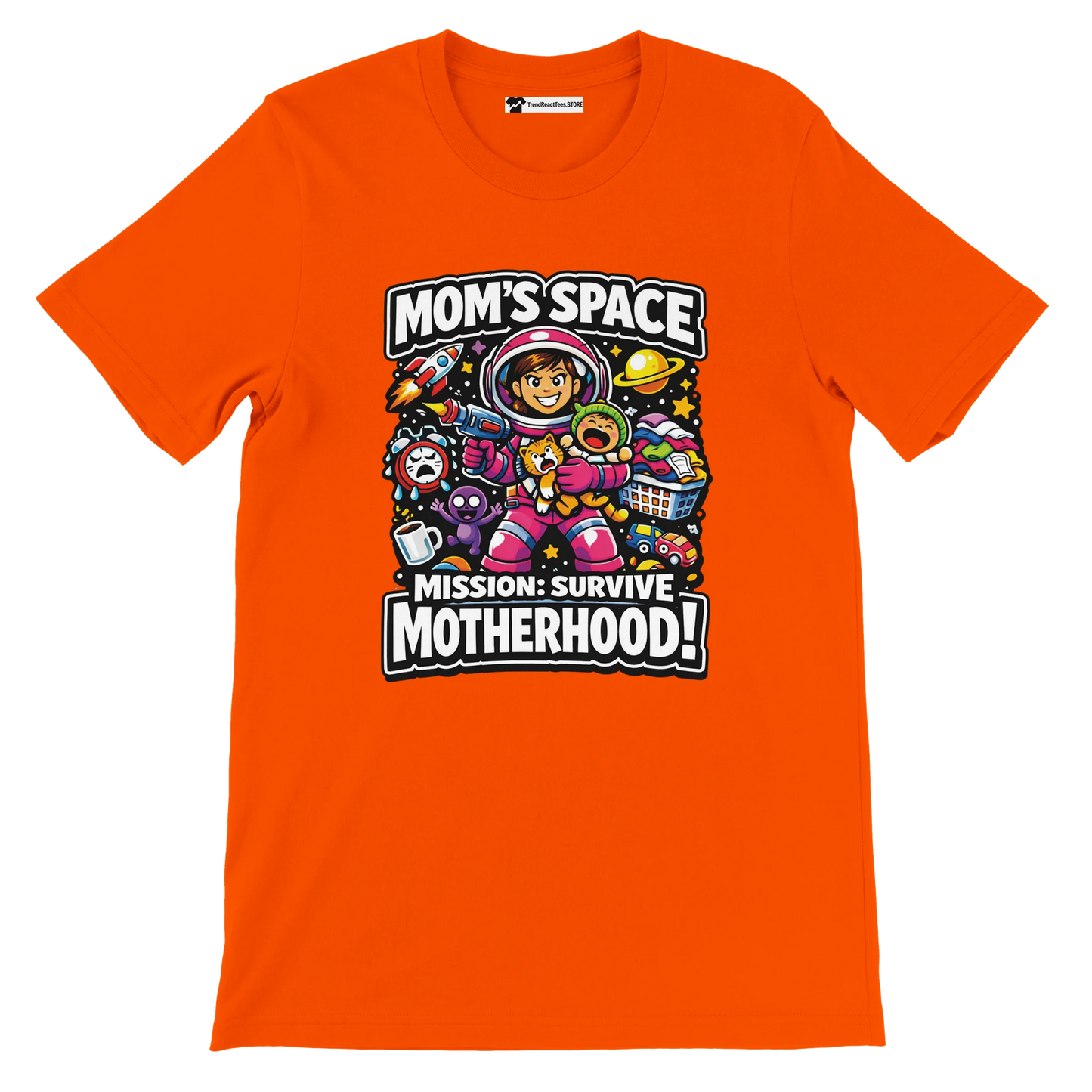 Orange anime t-shirt with space mom astronaut and "Mission: Survive Motherhood" quote