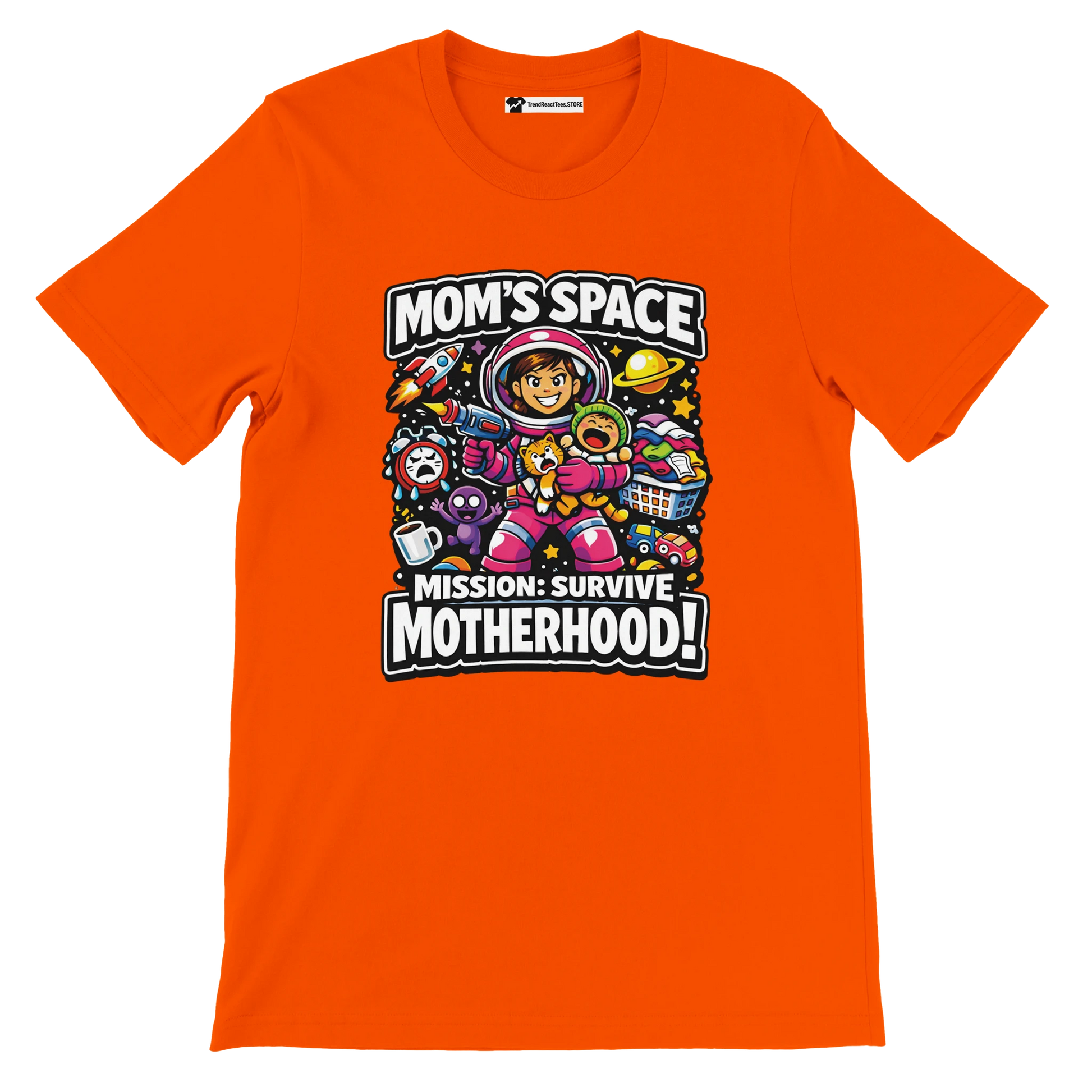 Orange anime t-shirt with space mom astronaut and "Mission: Survive Motherhood" quote