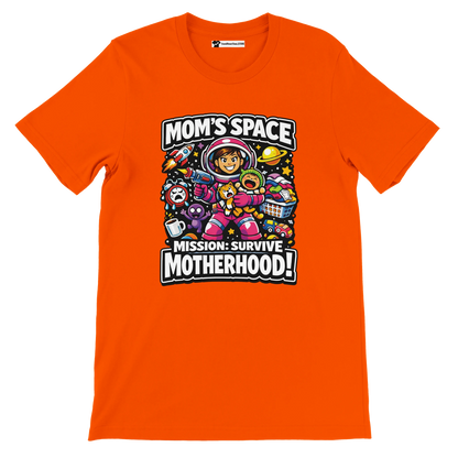 Orange anime t-shirt with space mom astronaut and "Mission: Survive Motherhood" quote