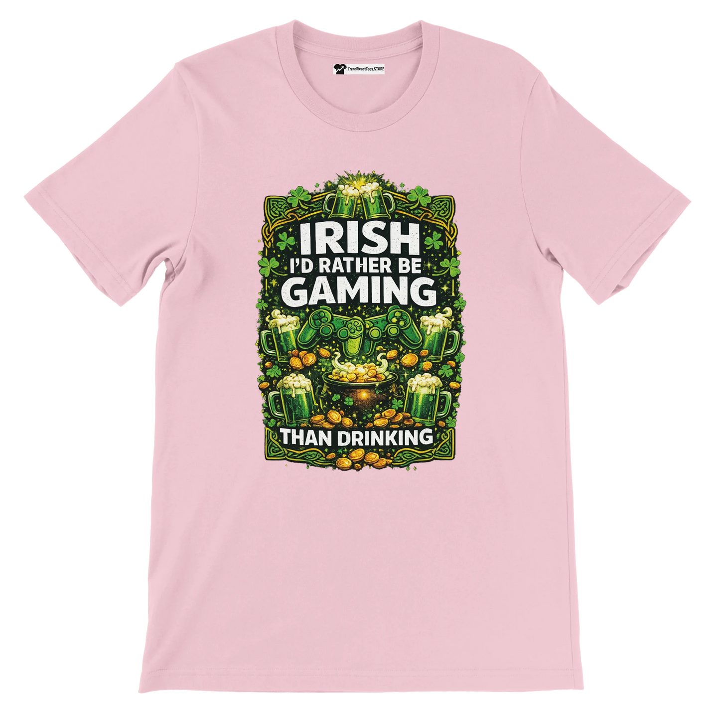 Pink Irish gaming tee with shamrocks, beer mugs, gold coins, and controllers for St. Patrick's Day.