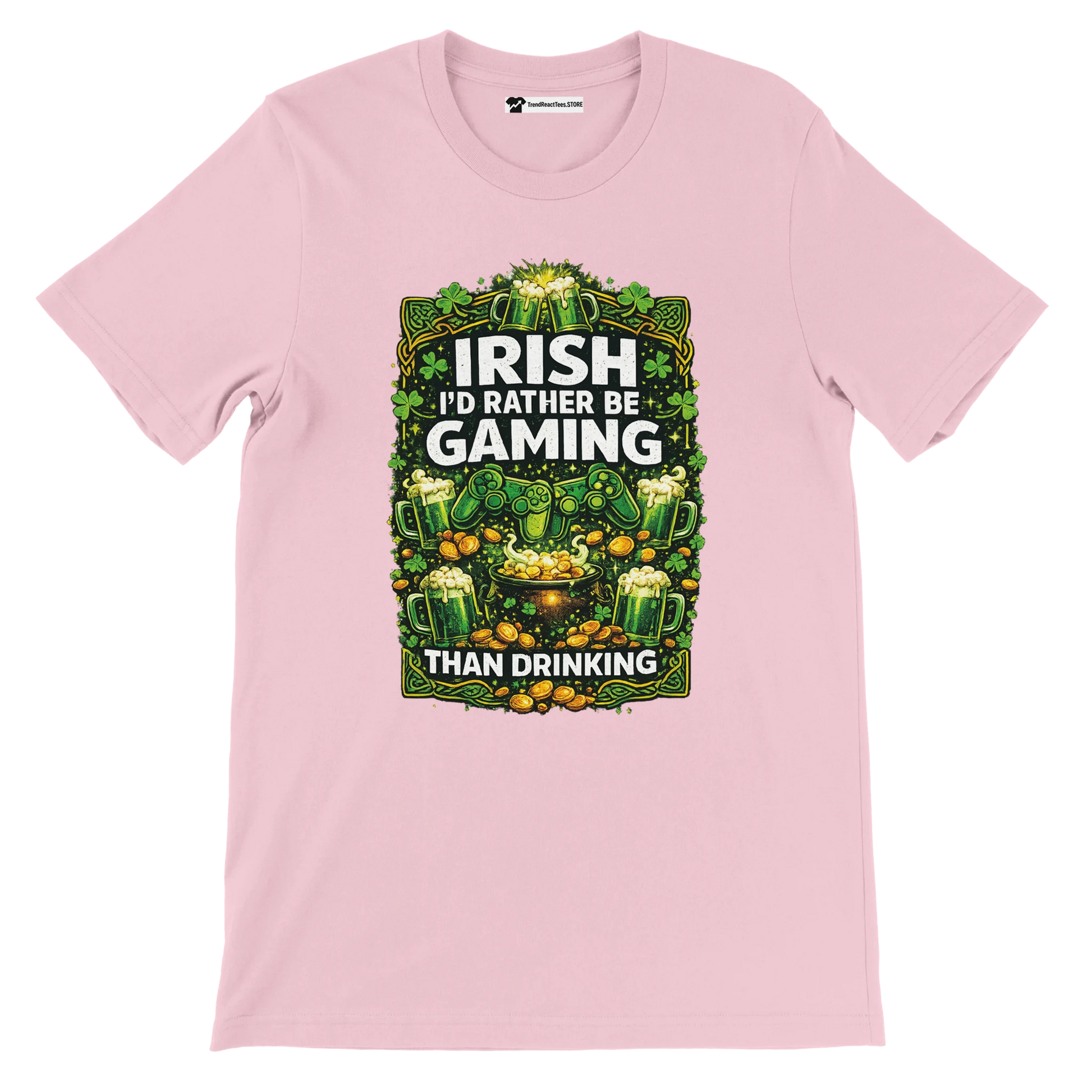 Pink Irish gaming tee with shamrocks, beer mugs, gold coins, and controllers for St. Patrick's Day.